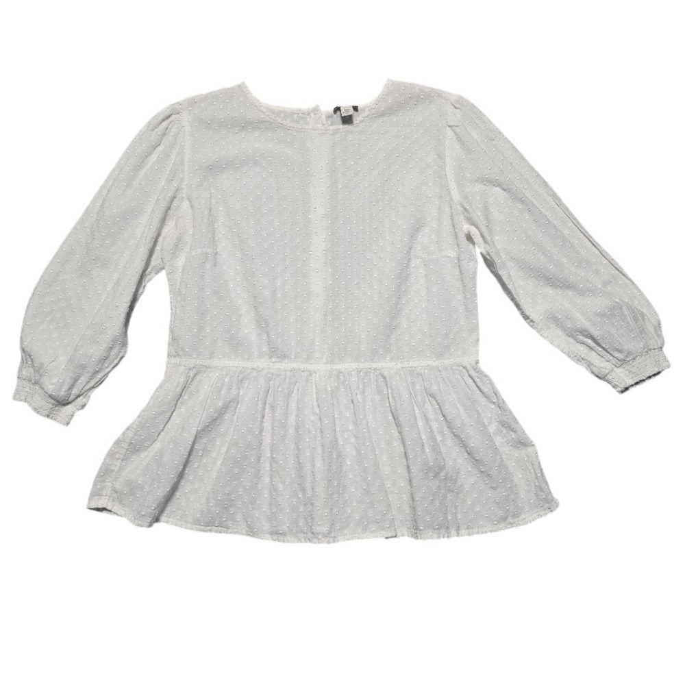 Hinge Peplum Blouse Womens M‎ White Swiss Dot Cottagecore Romantic Airy Innocent